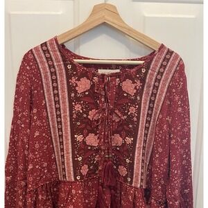 Aveology Women's 16 Boho Peasant Red Pink Floral Tasseled Tunic‎ Top NWT